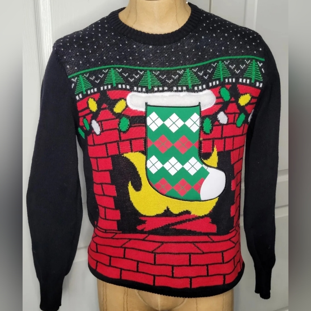 Ugly Christmas Sweater Mens Medium  Black Embellished 3D Stocking Firepl…